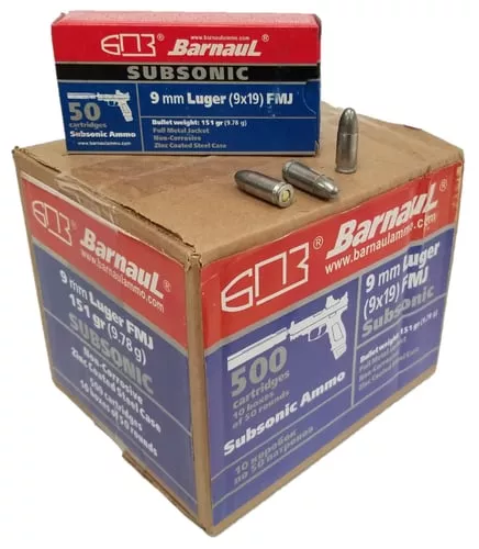 Barnaul 9mm SubSonic Pistol Ammo - 151 Grain | FMJ | Steel Casing | 500rd Case