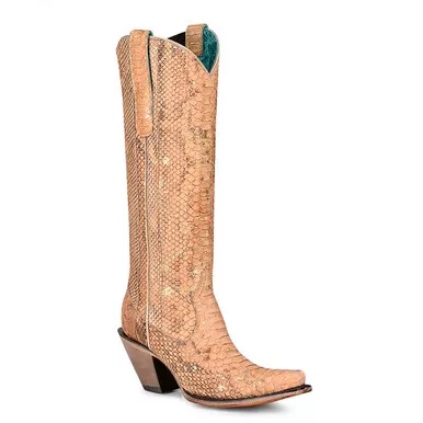 CORRAL Women's Nude Full Python Tall Top Snip Toe Cowboy Boots (A4295-M-05)