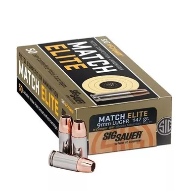 SIG SAUER Match Elite 9mm 147Gr JHP 50rd Box Ammo (E9MMA3-COMP-50)